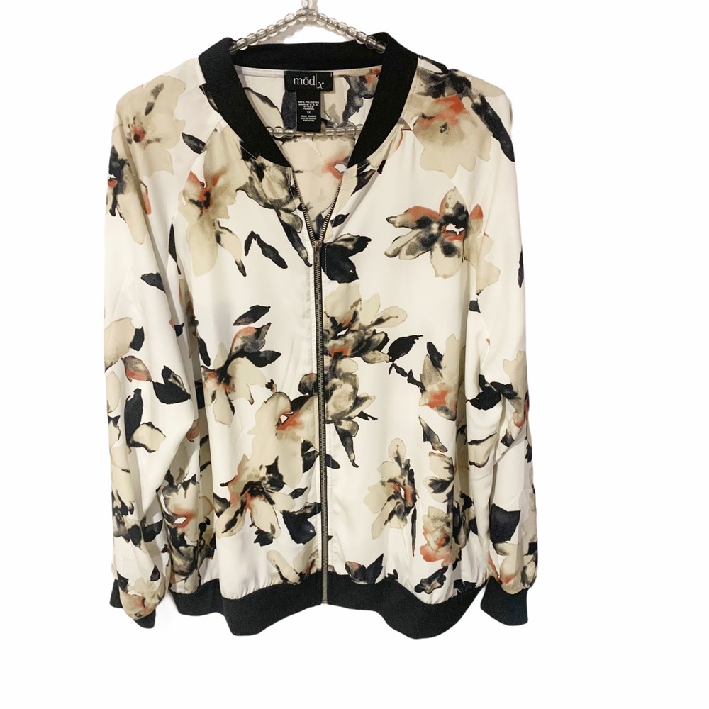 Floral Bomber Jacket - Cream with Black Trim